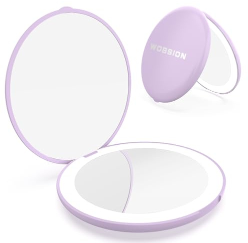 WOBSION Compact Mirror with Light, 1x/10x Magnifying Pocket Mirrors | Travel Makeup Mirror for Purse and Handbag, Handheld 2-Sided Small Folding Mirrors, Round, Purple