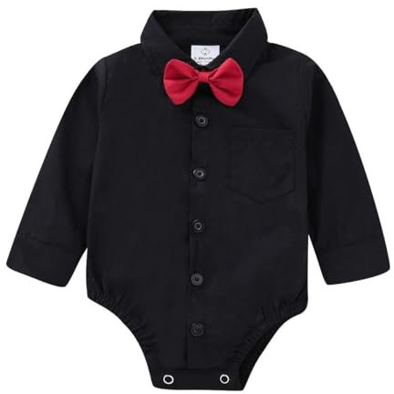 OPAWO Baby Shirt Romper 100% Organic Cotton Newborn Vests, Long Sleeve Bodysuits for Baby Boys and Girls, Bow-tie Button Down Babies T Shirts for Wedding Suit Christening Outfit (Black L,0-3 Months)
