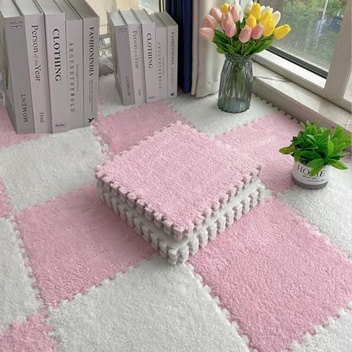 4 Stück Weiche, Flauschige Teppichfliesen, Ineinandergreifende Spielmatte, Plüsch-Puzzle-Schaum-Bodenmatte Für Wohnzimmer, Schlafzimmer, 30x30 Cm(Size:0.23 Inch,Color:Rosa+Weiß)