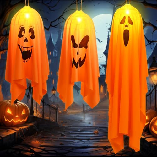 Livofloral 3 Stück Halloween Geist Hängende Anhänger Halloween Deko, Halloween Aufhängen Geister Mit Led Lichtern, Halloween Geist Hängen Geistergesicht für Halloween Party Innen Outdoor