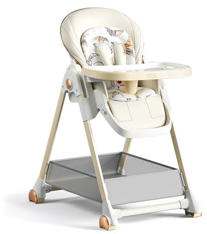 Nine point nine PU-Leder Hochstuhl Baby, Umbaubarer Klappbarer Hochstuhl mit Liegefunktion, Kinderhochstuhl 6 Höhen 3 Liegepositionen, Baby Essen Stuhl Abnehmbaren Doppeltabletts Rädern (808 White)