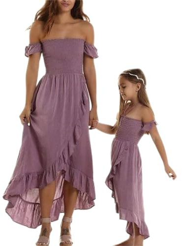 Goudyna Mutter- und Tochterkleid, schulterfrei, fließender Rüschensaum, lange Kleider, passendes Familienkleid, Mommy and Me, A-purple, L