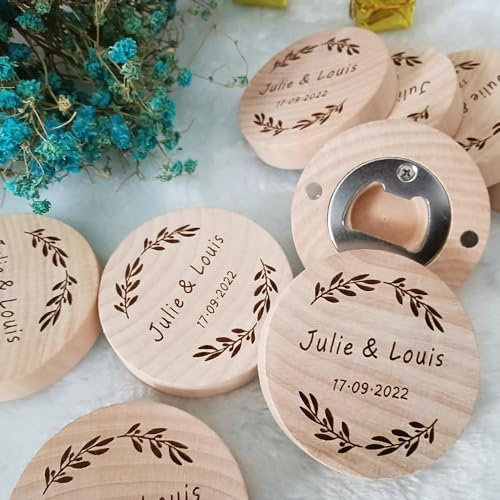 Abridor de botellas de cerveza redondo de madera grabado personalizado con imán, abridor de botellas magnético para cocina, reuniones y fiestas (100 unidades)