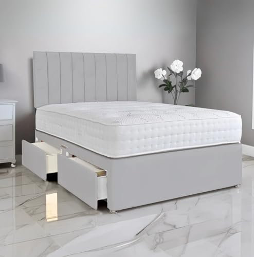 amu 5FT King Size Bed with Mattress & 2 Drawers | 24 Headboard, Plush Velvet Double King Size Bed Frame for Space-Saving Solutions (Silver)