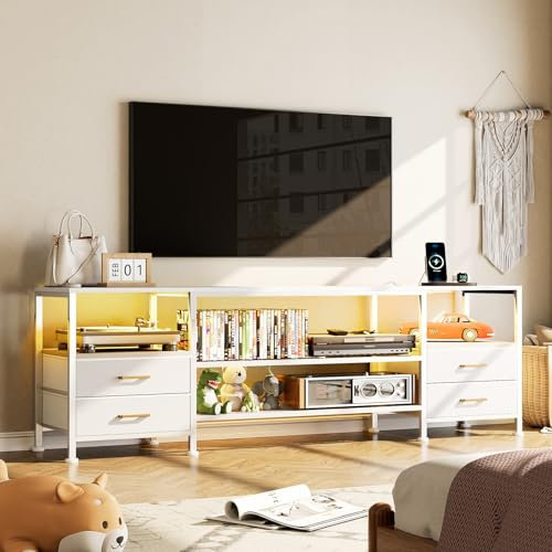 Mueble TV Salón 160 cm Alto Con Iluminación LED, Estación de Carga, Puerto USB y Enchufe, 4 Cajones 4 Estantes Abiertos, Para Salón/Comedor (Blanco)