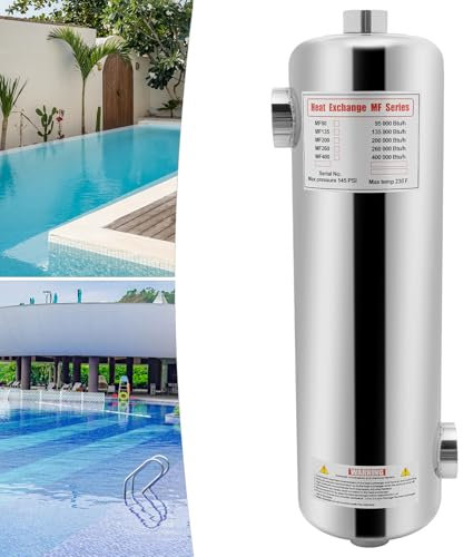 Mermajestic Edelstahl Pool-Wärmetauscher,60 KW Rohrmantel-Wärmetauscher,30 L/Min Heißwasserfluss, 200kBtu/h Freistehend Schwimmbad Wärmetauscher mit Umgekehrter Auslass und Einlass für Spa, Schwimmbad