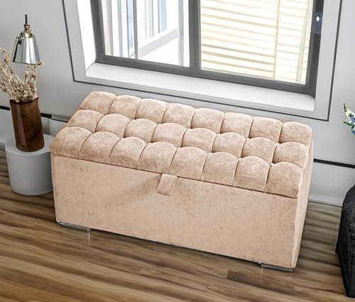 Cubed Ottoman Storage Box -4FT Small Double Size Crushed Velvet Storage ottoman with Matching Fabric Buttons, Upholstered Pouffe Stool Footstool Bench with Storage (Champagne Velvet)