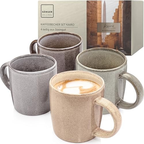 SÄNGER Kairo | Kaffeebecher 4 teilig, Steingut Tassen Set für 4 Personen, Tassen, spülmaschinen- mikrowellenfest, Coffee Mug Teetasse, Kaffeetassen mehrfarbig, mixed Becher 400 ml |VALUE COLLECTION