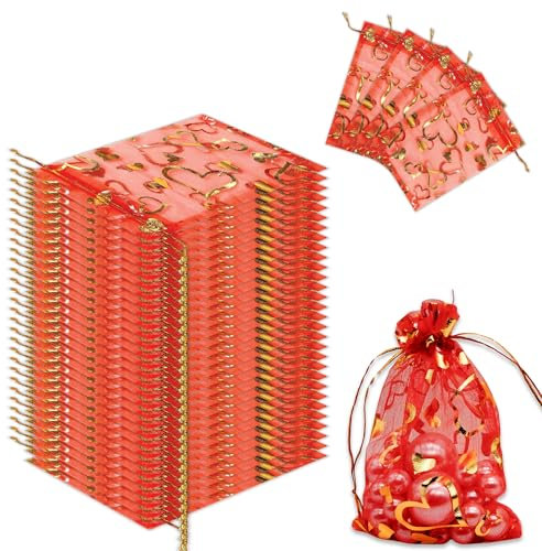 Giroselle Organzasäckchen 100 Stück - Gastgeschenke Hochzeit-Säckchen zum Befüllen-Kleine Geschenktüten mit Herzmustern (Rot Goldherz, 11 x 16 cm)