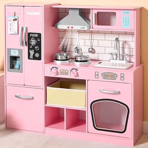 lalalark Kids Play Kitchen Set for Toddlers, Wooden Toy Playset with Lights & Sounds, Double-Door Fridge, Ice Maker & Cookware Accessories, Children Role Play Kitchen Set for 3+ Years Boys Girls