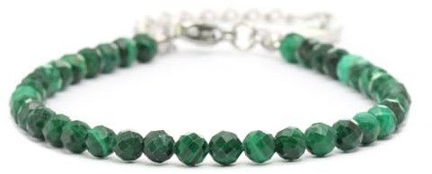 Echtes Malachit Edelstein Armband mit facettierten 4mm Perlen - Länge verstellbar - Heilstein Schutzstein Edelsteinarmband Glücksbringer Talisman Geschenk (Malachit, 16-21CM S)
