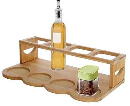 GkgWuxf Oil Bottle Storage Rack,2 Tier Countertop Oil Bottle Storage Holder | Wooden Kitchen Bottle Organizer Oil Vinegar Bottle Storage Display Rack Olive Jar Standing Shelf for Kitchen