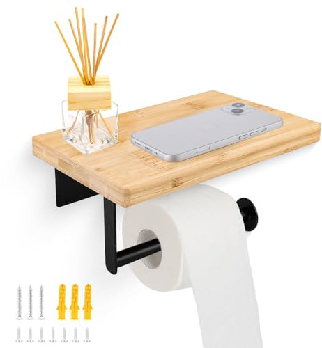 Porte-papier toilette en bois, sans perçage, avec étagère, porte-papier toilette élégant en bambou, porte-papier toilette en acier inoxydable et bambou.