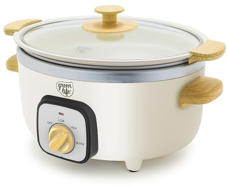 GreenLife 3.5QT Slow Cooker, PFAS-Free Non-Toxic Ceramic Nonstick Removable Interior Bowl, Programmable, Keep Warm, Stovetop & Oven Safe Pot, Dishwasher Safe Crock & Glass Lid, Cream