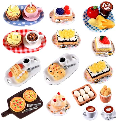 Aruigu 51 Stücke Miniatur Essen und Trinken, Miniatur Deko Harz Puppenhaus Zubehör Miniatur Lebensmittel Set, Mini Küche Kleine Puppenzubehör Für Einzigartiges Geldgeschenk als DIY Miniatur deko