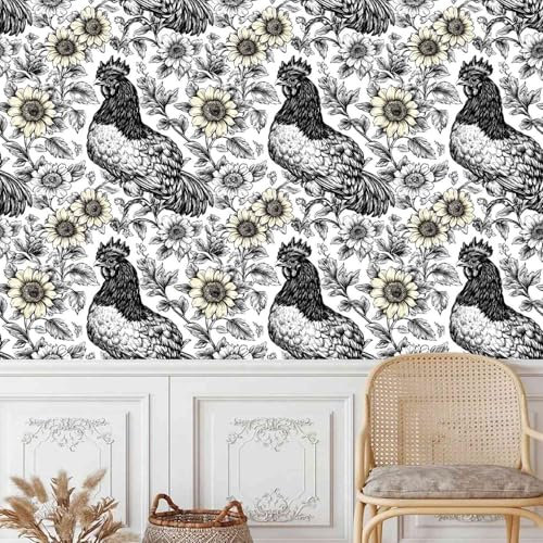 Hallway Wallpaper 44wX1000Lcm Rooster Sunflower Leaf Wallpaper Ideal for Quick transformations in Rental Homes, This Easy-to-Remove Covering Suits Flat Walls O5-10-909