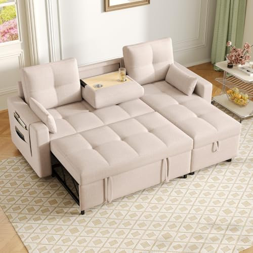 Wyibwy, Sofá esquinero en forma de L, sofá cama de 3 plaza, cama extraíble y portavasos plegable, con espacio de almacenamiento, tejido de lino, para salón, beige