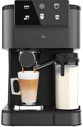 Cecotec Cafetera Express Semiautomática Power Espresso ColdBrew Latte Oscuro. 1350W, 20 Bares, Frío, Templado o Caliente, Pantalla Táctil, 1.5L Depósito Agua, 500ml Depósito Leche, Doble Brazo