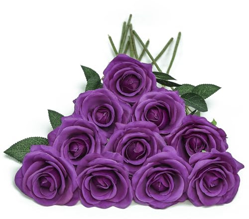 DuHouse 10pcs Fake Roses Artificial Silk Flowers Long Stems Bouquet for Arrangement Wedding Centerpiece Party Home Kitchen Decor(Dark Purple)