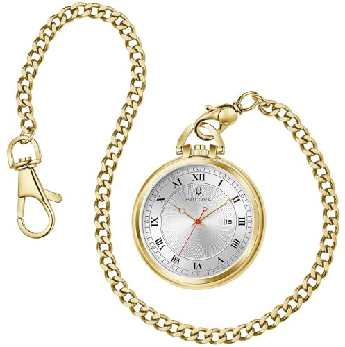 Bulova Classic Pocket Watch 3-Hand Date Quartz Gold Stainless Steel, White Dial with Detachable Chain Style: 97B241