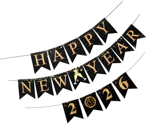 Silvester Deko 2026 Dekoration Set - Happy New Year Banner 2026, 2026 Neujahr Banner Silvester Girlande,Schwarz und Gold Happy New Year Girlande Neujahrsdeko Neujahr Silvesterdeko Deko Accessoire