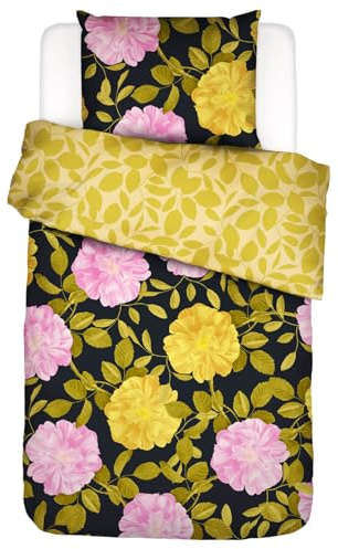 ESSENZA Bettwäsche Bloom with A View Schwarz Blumen Blüten Dahlien Bunt Wendesign Gelb Baumwolle Perkal, Größe:155 cm x 220 cm