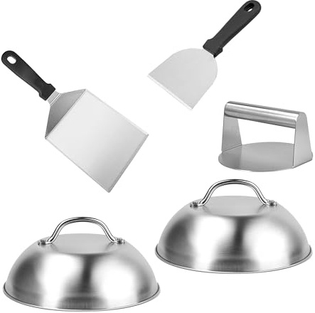 Relaxdays Smash Burger Set, 5 Pieces, Burger Press, 2 Cheese Bells and 2 Spatulas, Stainless Steel, Silver