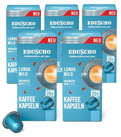 Tchibo Eduscho Vorratsbox Lungo Mild Kaffeekapseln, 100 Stück (5 x 20 Kaffeekapseln), kompatibel mit Nespresso, milde Röstung, sanft und harmonisch im Geschmack, nachhaltig & fair gehandelt