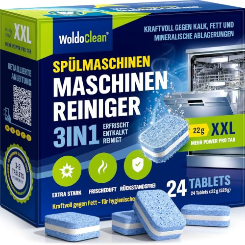 WoldoClean Nettoyant Lave-Vaisselle 3en1 Tab 22g nettoie detartre odeurs | Entretien lave-vaisselle, anti odeur, detartrant, tab XXL 22g, 1 an stock