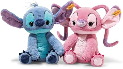 Steiff Kuscheltier Set Disney Originals Stitch und Angel, Süße Stofftiere mit Kunststoffaugen, Kinder, Jungen & Mädchen, Friends, Plüschtier 22 cm und 23 cm, Mittelblau und Rosa