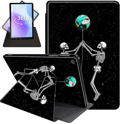 JANENFNA Case for Amazon Kindle Fire 7 (9th/7th/5th Generation, 2019/2017/2015 Release), 360 Degree Rotating Slim Kickstand Stand Smart Cover with Auto Wake/Sleep,Space - Globe Skeletons
