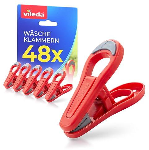 Vileda Mollette da Bucato Set 48 - Senza Molla in Metallo | Set da 48 formato famiglia, senza molla in metallo, presa morbida in TPR, resistenti a UV e gelo