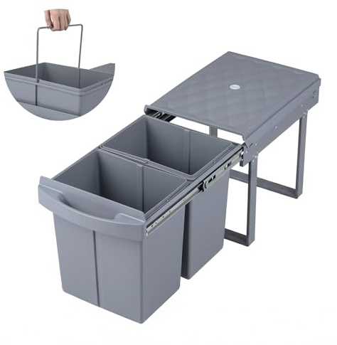LIFEZEAL Poubelle de Cuisine 40 L Encastrable Coulissante | Poubelle de Tri Sélectif pour Meuble Bas avec 2 Seaux Amovibles, Système de Tri des Déchets, Gris