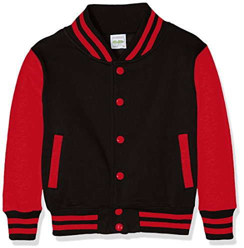 AWDis Boy's Kids Varsity regular Jacket, Multicoloured (Jet Black/Fire Red), Size 9-11 (Manufcturer Size - Large)
