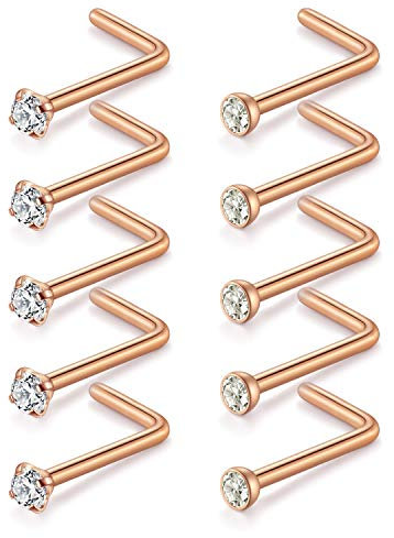 D.Bella Nasenstecker 18G L Form Nasenringe 316L Chirurgenstahl Nasenpiercing Ohrstecker mit 2.0mm Zirconia Nase Nostril Piercing Stecker 10 Stk Rosegold Farbe