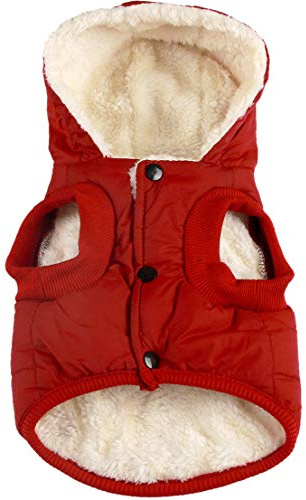 JoyDaog Fleece Hundemantel,Winter kleine Hunde Jacke mit Kapuze, Rot S | Welpen Jacke mit Kapuze für kaltes Wetter, weich, winddichte Doggie Kleidung für Schnee spielen, täglicher Spaziergang