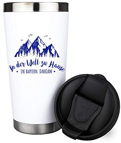 Bavariashop Thermo-Becher In Bayern dahoam..., Kaffee Isolierbecher im bayerischen Design, 420 ml, Bruchfest, bis zu 8 Stunden heiß oder kalt