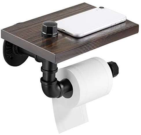 Elibbren Porte-papier toilette industriel pour salle de bain, avec étagère en bois rustique et tuyau en fonte
