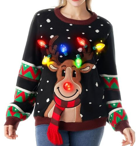 JOYIN Womens LED Light Up Reindeer Ugly Christmas Sweater Eingebaute Glühbirnen (Schwarz, Mittel)