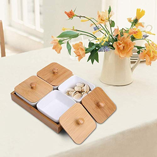 Plateau de Service Apéritif, Set Apéritif 4 Coupelles Carrées en Porcelaine Coupelle Aperitif Céramique avec Couvercle de Plateau en Bambou pour Apéritif, Condiments, Collations, Noix et Bonbons
