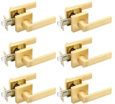 EHOMEWARE 6 Pack Gold Door Knobs Interior Brass Door Handles in Satin Brass Finish, Privacy Function for Bedroom Bathroom, Heavy Duty Gold Door Handles Levers with Modern Design