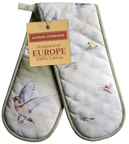 Maison d' Hermine Double Oven Mitts 100% Cotton 18 cm x 89 cm Double Oven Mitt Heat Resistant BBQ Cooking Gloves with Loop, Baking, Grilling, Home, Kitchen, Handling Hot Pans (Flying Birds)