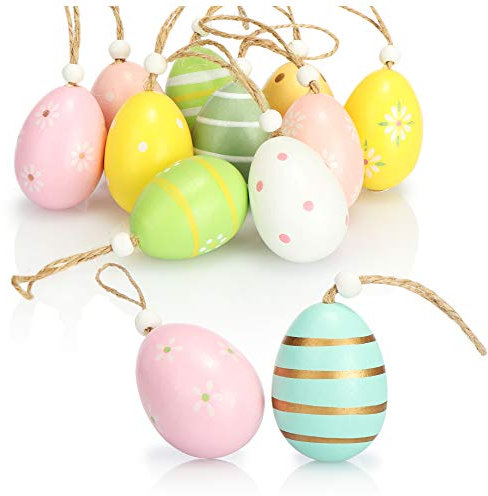 com-four® 12x Ostereier zum Aufhängen - Osterdeko aus Holz in tollen Farben - Deko Ostereier mit schönen Mustern