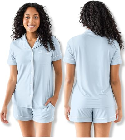Kindred Bravely Clea Maternity Pajamas & Postpartum Lounge Sets for Women, Short Sleeve Nursing Pajamas (Mist, Medium)