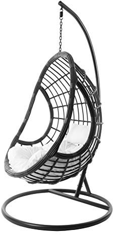Kideo Komplettset: großer Hängesessel mit Gestell & Kissen, Schwingsessel, Poly-Rattan, grau, anthrazit (Kissen: weiß Chesterstepp (1000 Snow))