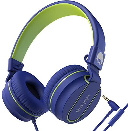 RockPapa Auriculares On-Ear, Auriculares con Cable y Microfono, Ligeros, Cómodos y Plegables Audifonos para Niños Estudiantes Adolescentes, para PC/Mac/portátil/teléfono/DVD-Azul Verde