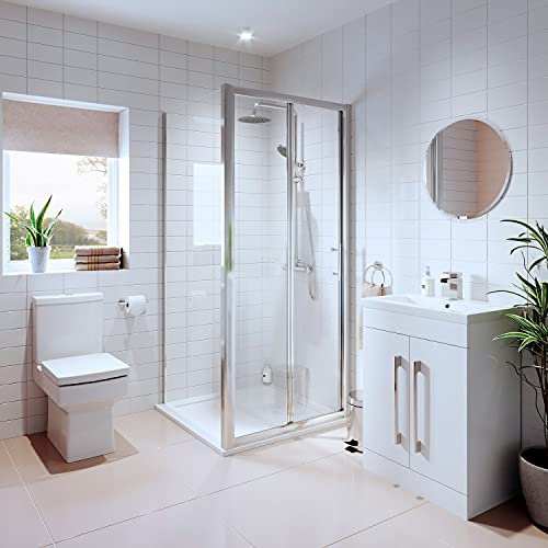 Bathroom Suite 900 x 900 mm Corner Entry Shower Enclosure Cubicle Bi Fold Door Tempered Glass Screen Close Coupled Toilet Soft Close Seat White Gloss Vanity Unit Basin