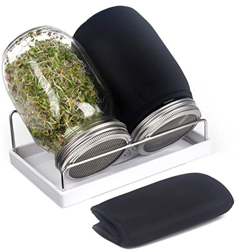 Haswe Keimglas-Set – 2 große Einmachgläser mit breiter Öffnung mit 316 Edelstahl-Sprossendeckel, Verdunkelungshüllen, Tablett, Ständer, Alfalfa, Mungbohne (schwarze Abdeckung)