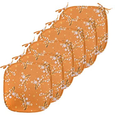 ABAKUHAUS Blumen Polster für Esszimmerstühle, Kirschbaum-Blüten, Dekoratives wasserfestes Kissen mit Riemen für Küchensitze, 40 cm x 40 cm-6er Pack, Orange Weiß Braun