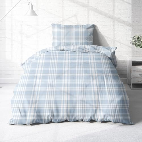 Träumschön Biber Bettwäsche Set 2tlg 135x200 cm + 80x80 cm – Flauschige Bettwäsche Hellblau – Weiche Winterbettwäsche Kariert - Atmungsaktiv, Warm & Hautfreundlich - 100% Baumwolle